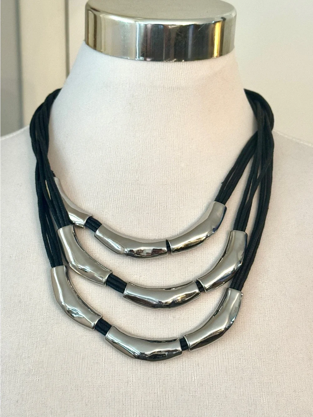 Chico’s Silver Tone Triple Strand Black Cord Statement Necklace 22” Modernist